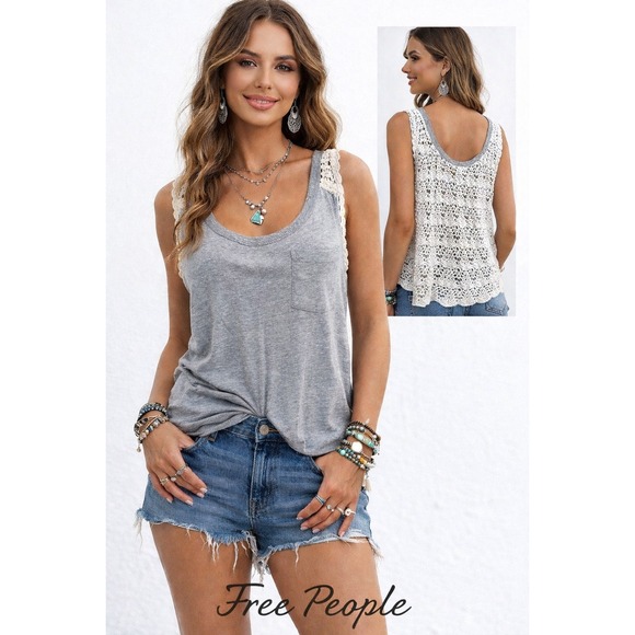 Free People Tops - Free People heathered gray front and cream crochet back tank top size small